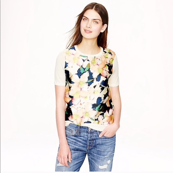 J. Crew Tops - J Crew Merino Wool Floral Short Sleeve Sweater